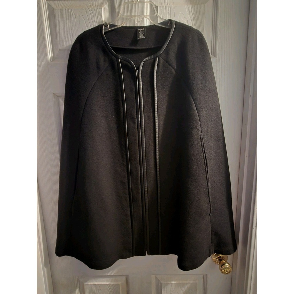 OS Dillard's Black Wool Cape Wool Blend Faux Leather Cape